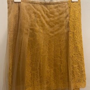 Mustard Lace Skirt with Pleated Sheer Overlay